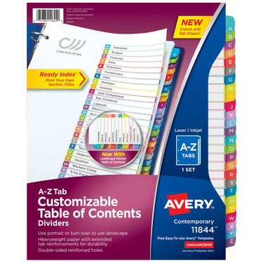 Avery A-Z 26 Tab Dividers for 3 Ring Binders, Customizable Table of Contents, Multicolor Tabs, 1 Set (11844) Contemporary